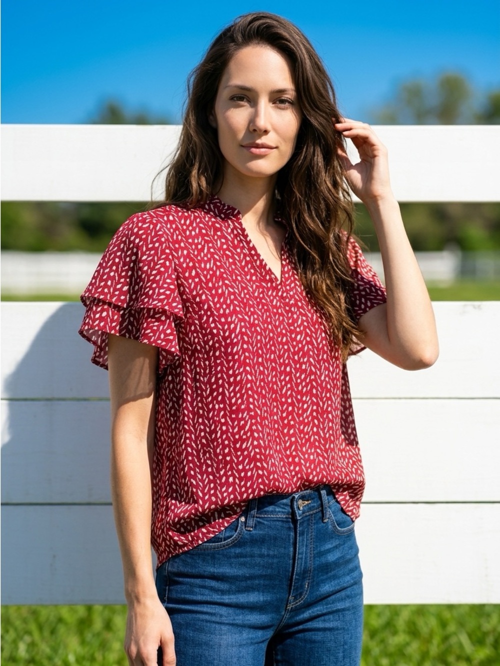 Liz Claiborne Red Printed V-Neck Flutter Sleeve Blouse